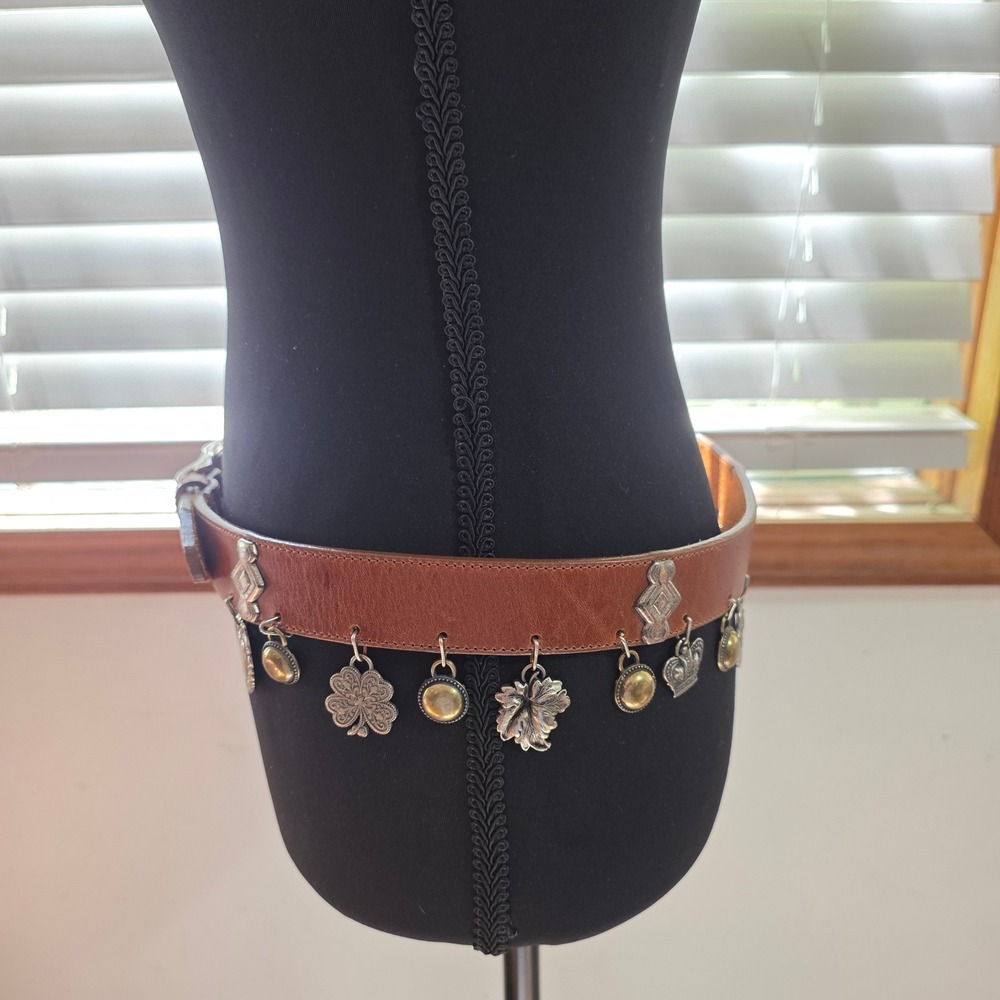 Vintage Brighton Brown Leather Charm Belt Silver Buckle Large Heart Crown Cherub